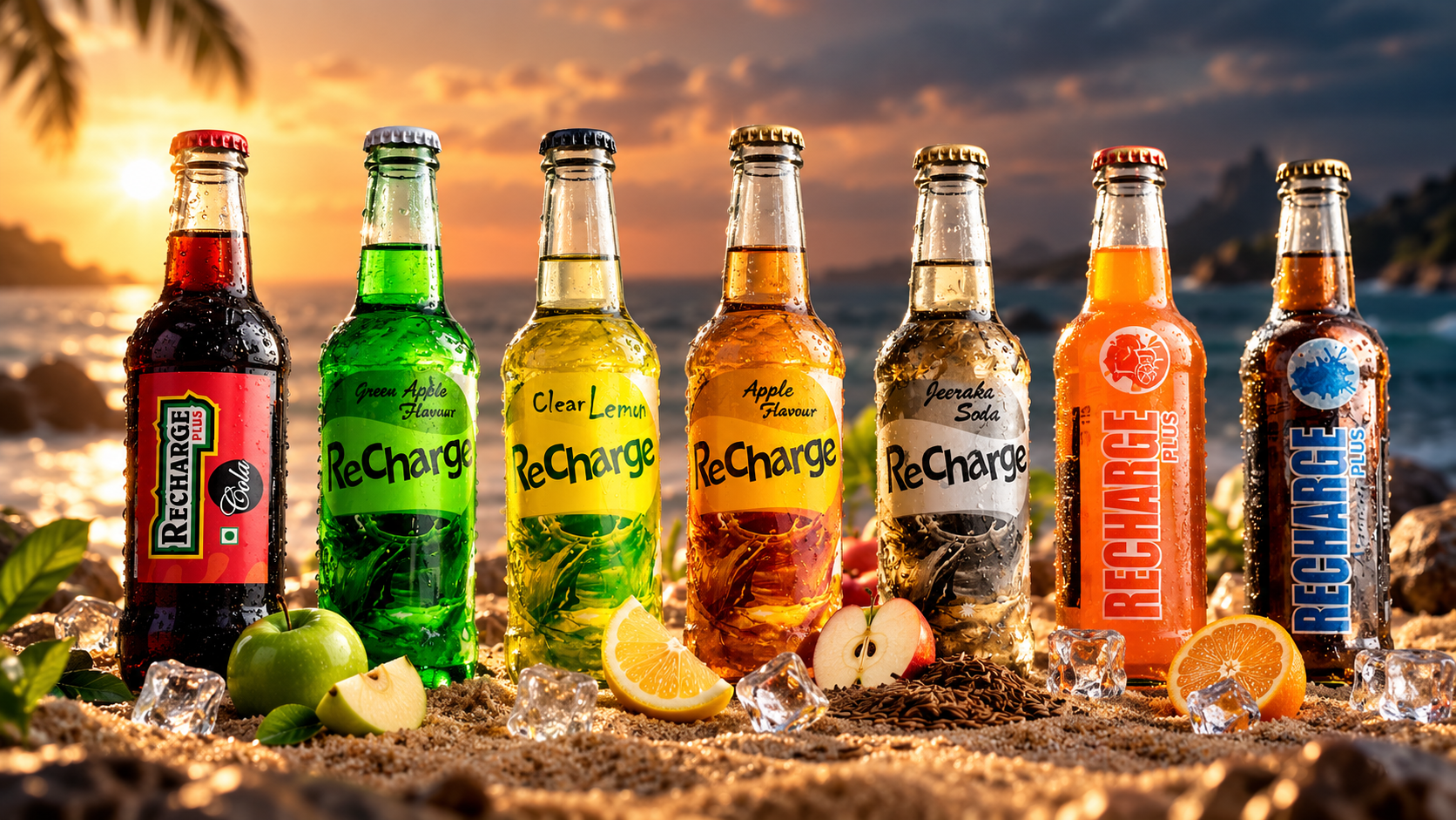 UK Soda Works bottled soft drinks with splashing soda, fruit and ice
